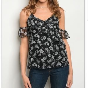 Black/white floral cold-shoulder top
